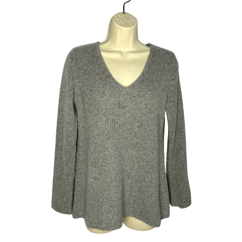 41 HAWTHORN Ribbed Cashmere V Neck Sweater Grey Long Sleeve